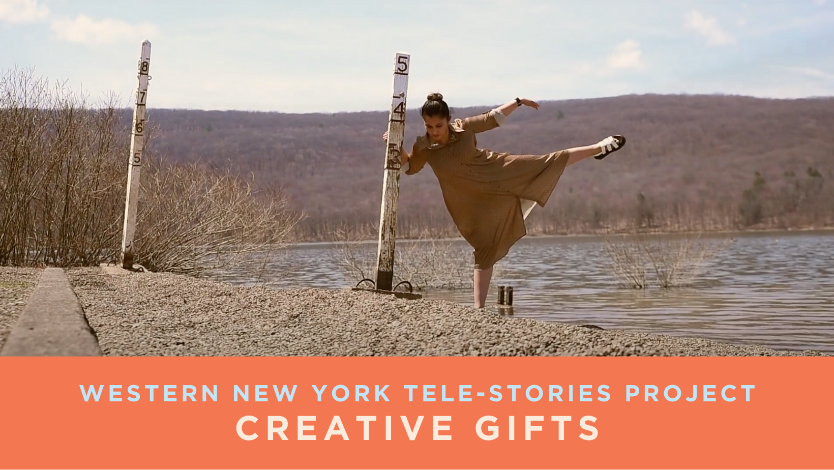 Person dancing outside with text "Western New York Tele-Stories Project: Creative Gifts"