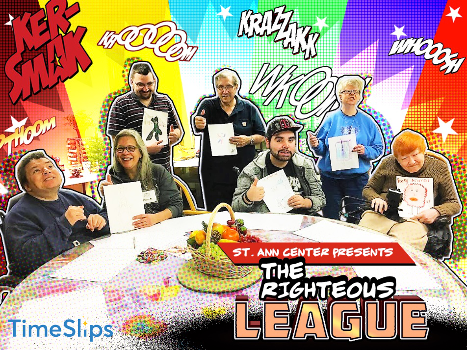 Seven people around a table, some sitting and some standing, holding pictures of their hand drawn superhero illustrations. Some people with their thumbs up, and smiling. Above them and around them are bold comic book style word art text with brightly colored stripes and dots.