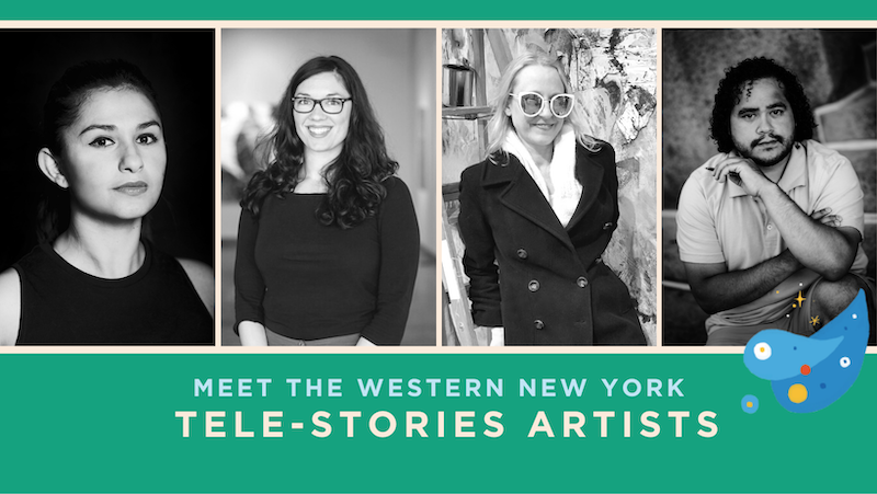 Four black and white images of people and the text "Meet the Western New York Tele-Stories Artists"